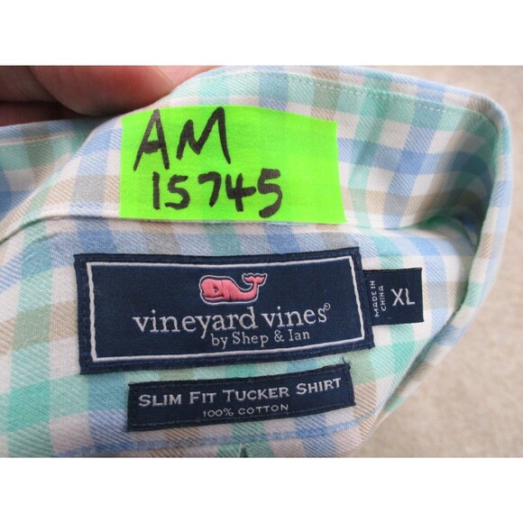 Vineyard Vines Shirt Men Extra Large XL Slim Green Blue Whale Tucker Button Up - Picture 10 of 10